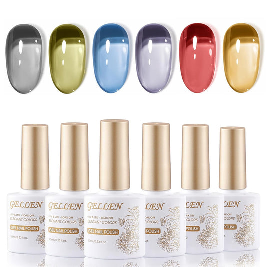 GELLEN Jelly Gel Nail Polish, Sheer Glass Neon Gel Polish Set 6 Colors Purple Blue Red Gray Brown Green, No Wipe Soak Off Glossy UV Light for Women Girls Spring Summer Fall Winter Christmas