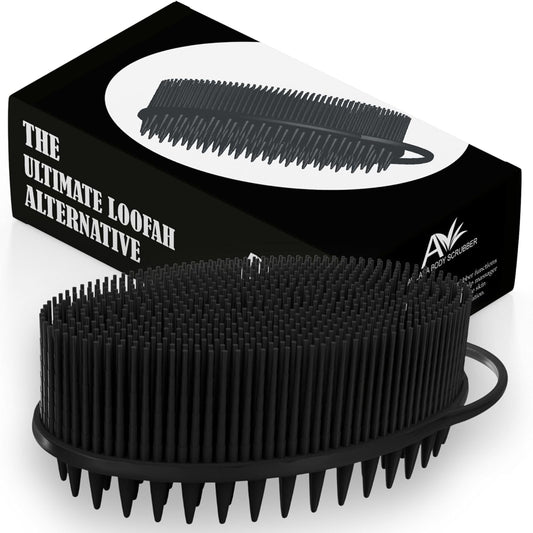Avilana Silicone Body Scrubber – Gentle Shower Brush & Loofah Alternative- Food Grade & Lab Tested – Fast-Drying, Hygienic, BPA-Free Silicone Body Gentle Exfoliator (Black, Scalp)