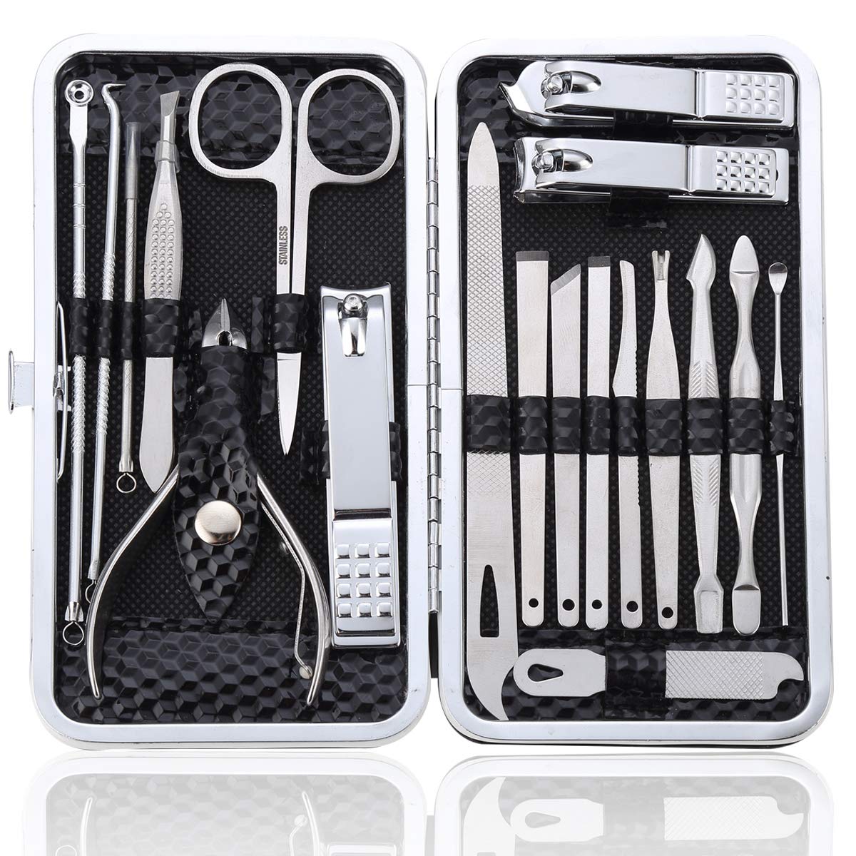 Manicure Set Pedicure Kit Professional 19 Pcs Nail Clipper for Men & Women Stainless Steel Sharp Cutter Grooming Nose Hair Scissors…Black Fingernails & Toenails with Portable Case (Black_19 pieces)