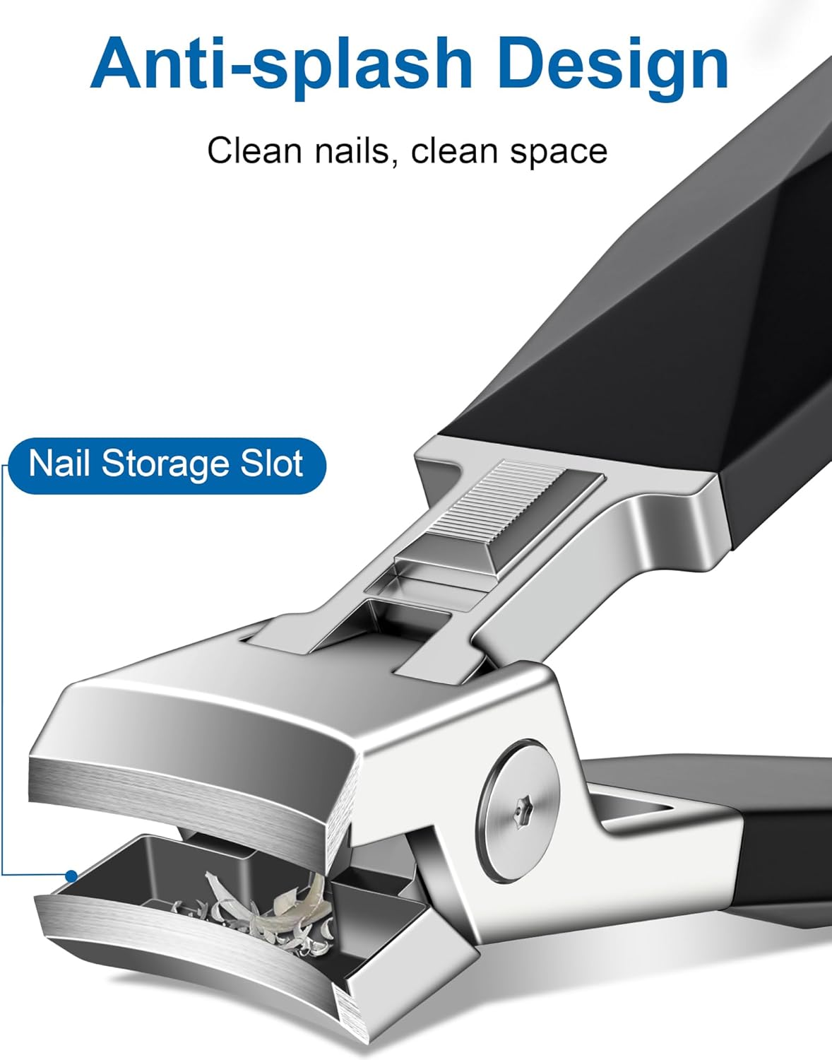 Nail Clippers - Sharp Wide Jaw No Splash Fingernail and Toenail Clipper, with Catcher & Safety Lock, for Men, Women, Seniors, Black