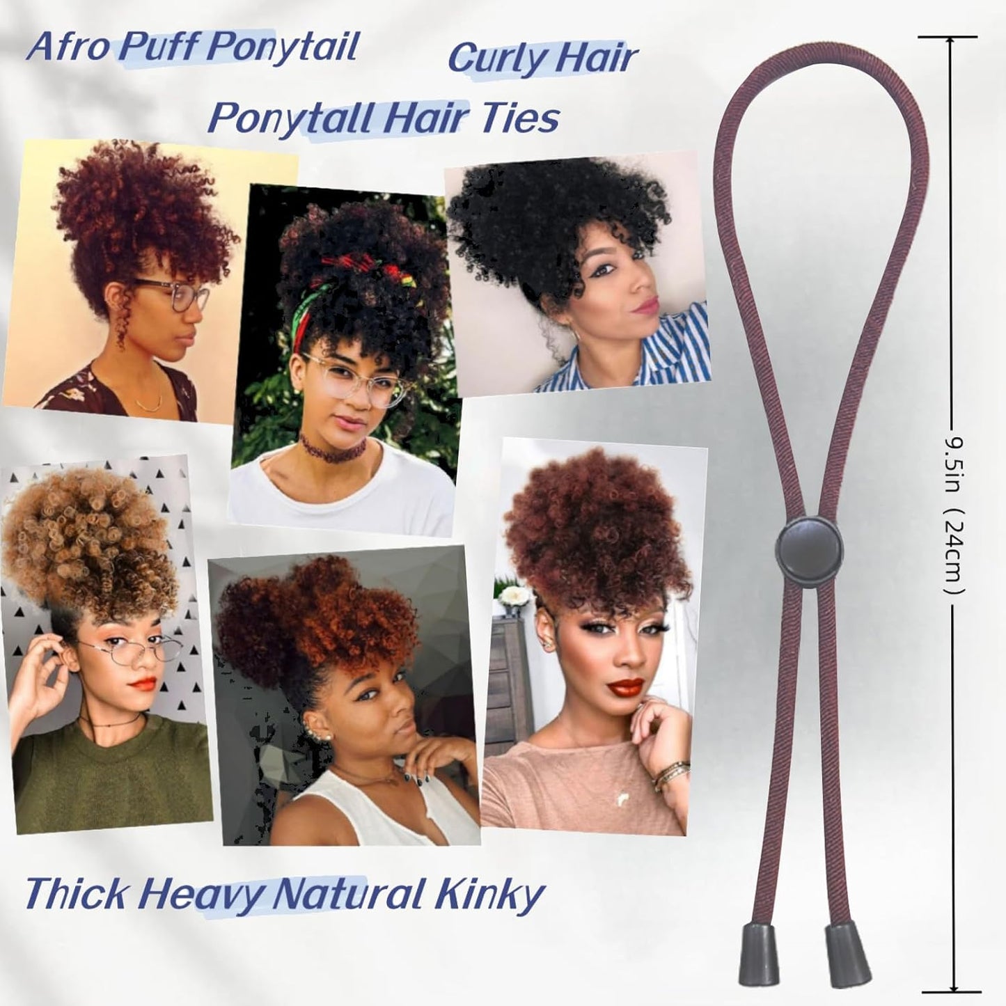 6pcs Brown Adjustable Hair Ties - Long, Extra Length Scrunchies for Thick Hair, Afro Puffs & Ponytails - One Handed Use