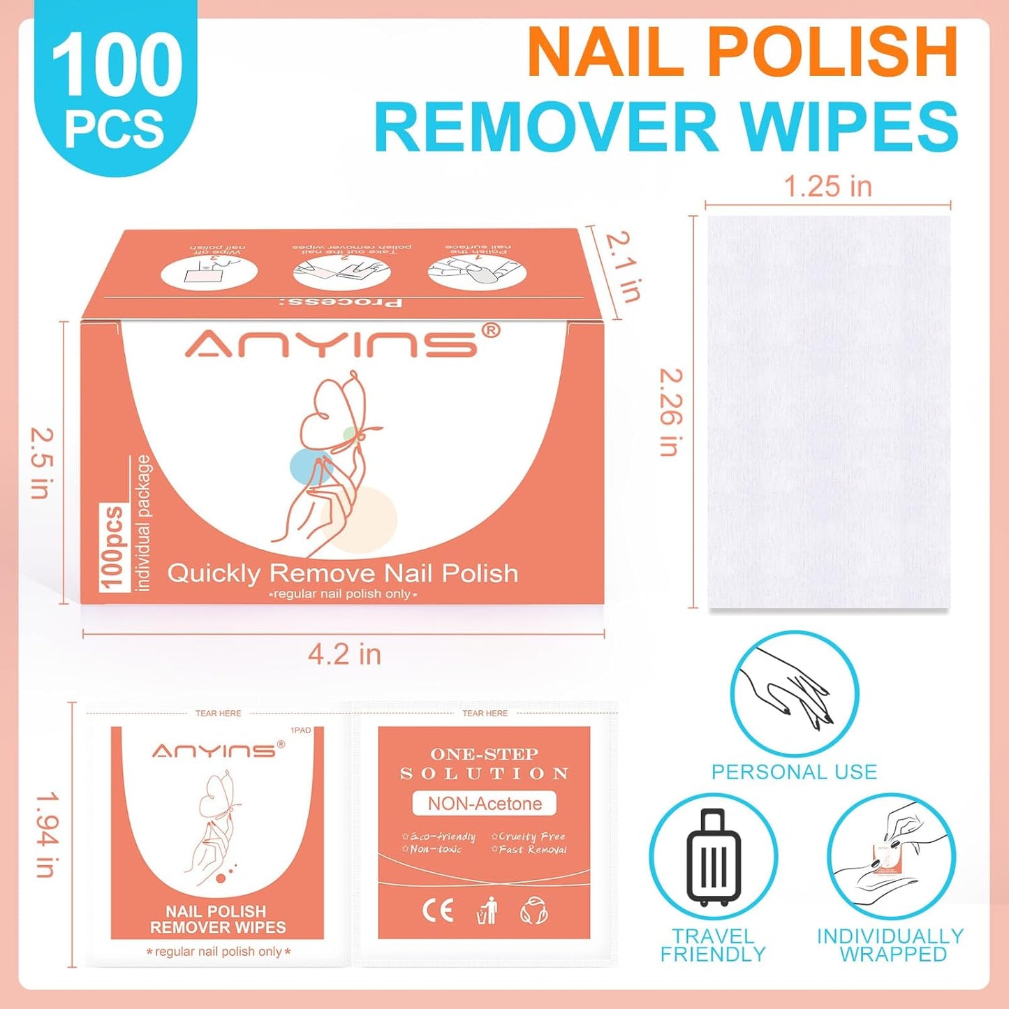Nail Polish Remover Pads，100PCS Nail Polish Remover Wipes Fast Remove with Nutrition Oil Individually Wrapped Professional Nail Salon and Home Use