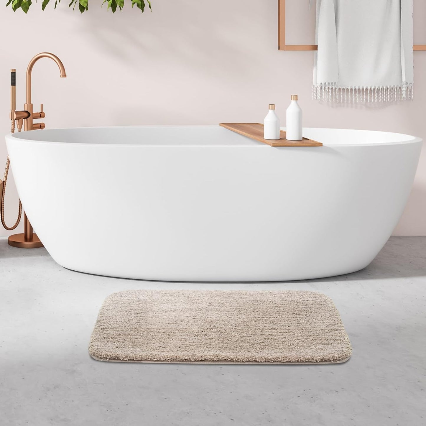 ROSMARUS Shaggy Bath Rugs for Bathroom Non Slip 24" X 36", Water Absorbent Bath Mat, Soft Shower Mat for Floor & Tub, Fluffy Plush Machine Washable, Beige