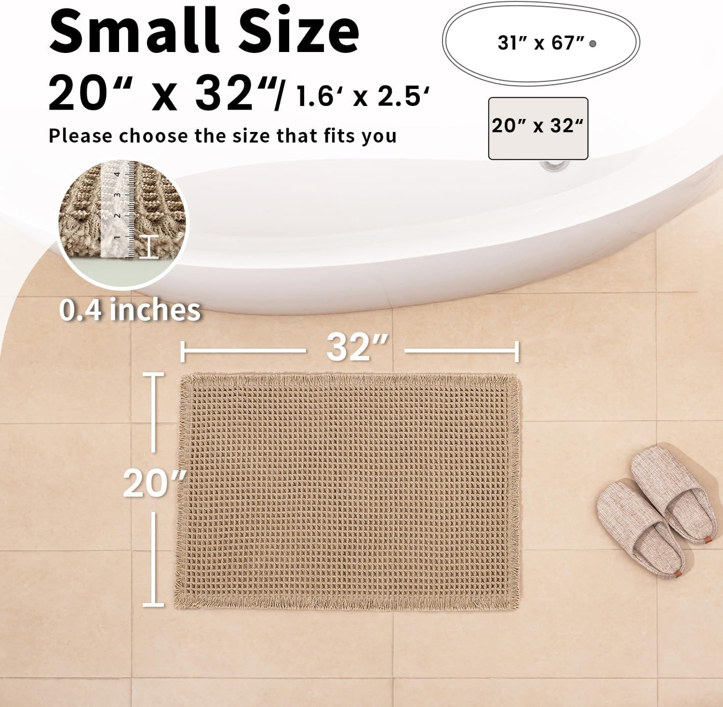 Waffle Bath Mat - Boho Bathroom Rugs Non Slip Washable, Super Absorbent & Quick Dry, Soft Bath Mat Farmhouse Bathroom Decor, 20'' x 32'', Khaki