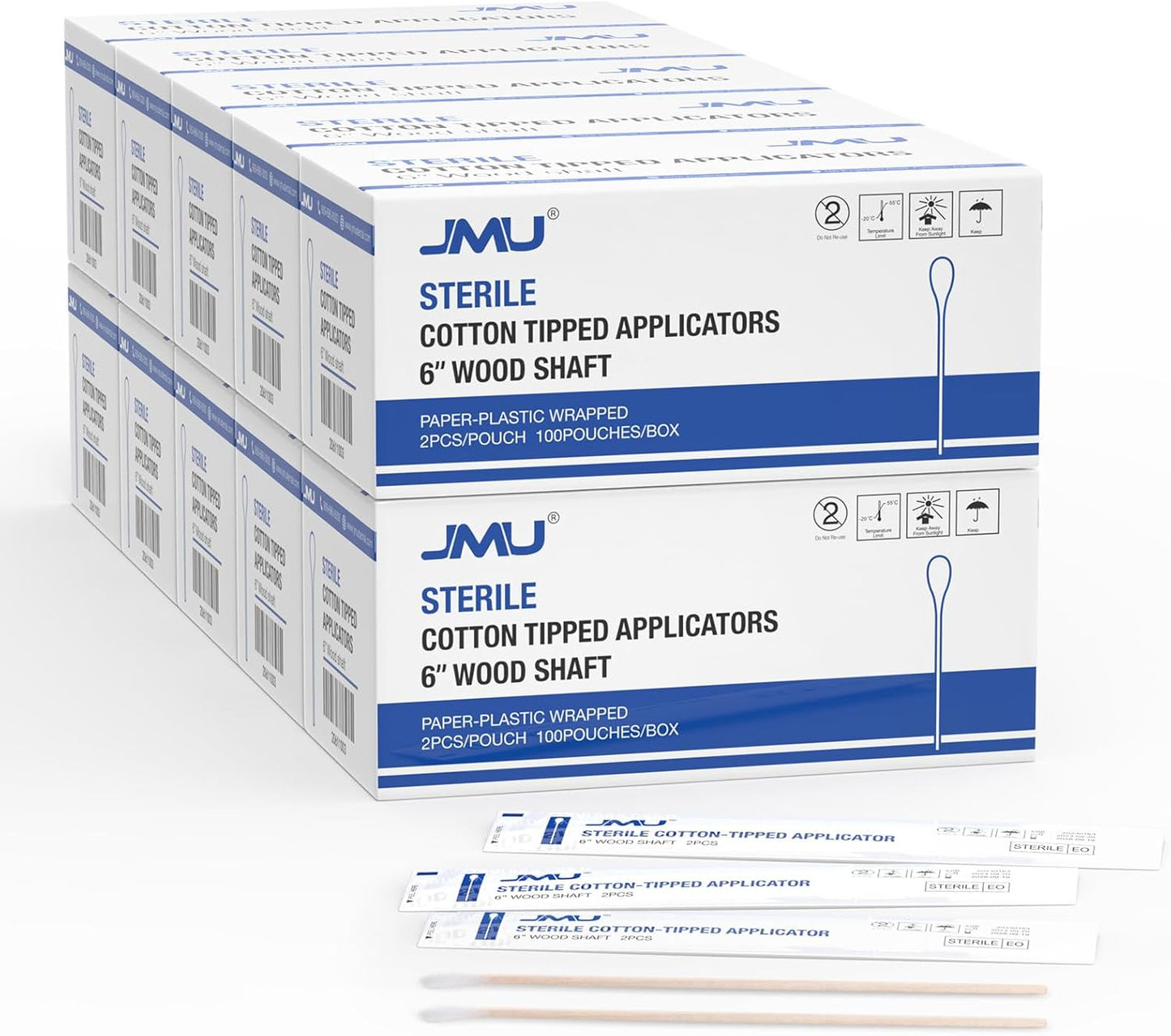 JMU 6 Inch Sterile Cotton Tipped Applicators, 2000 Count Long Cotton Swabs, Wood Shaft Medical Swabs, 10 Boxes