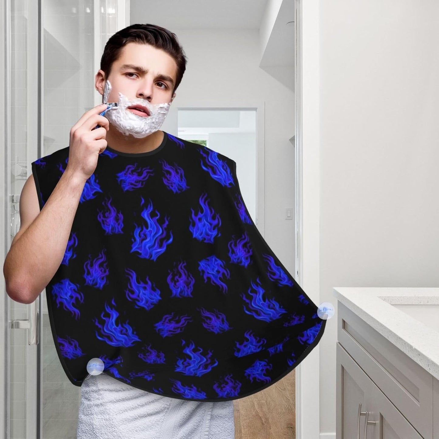 Strong Suction Cup Beard Grooming Bib, Non-Stick Hair Catcher, Waterproof, for Shaving, Purple Blue Fire Flame