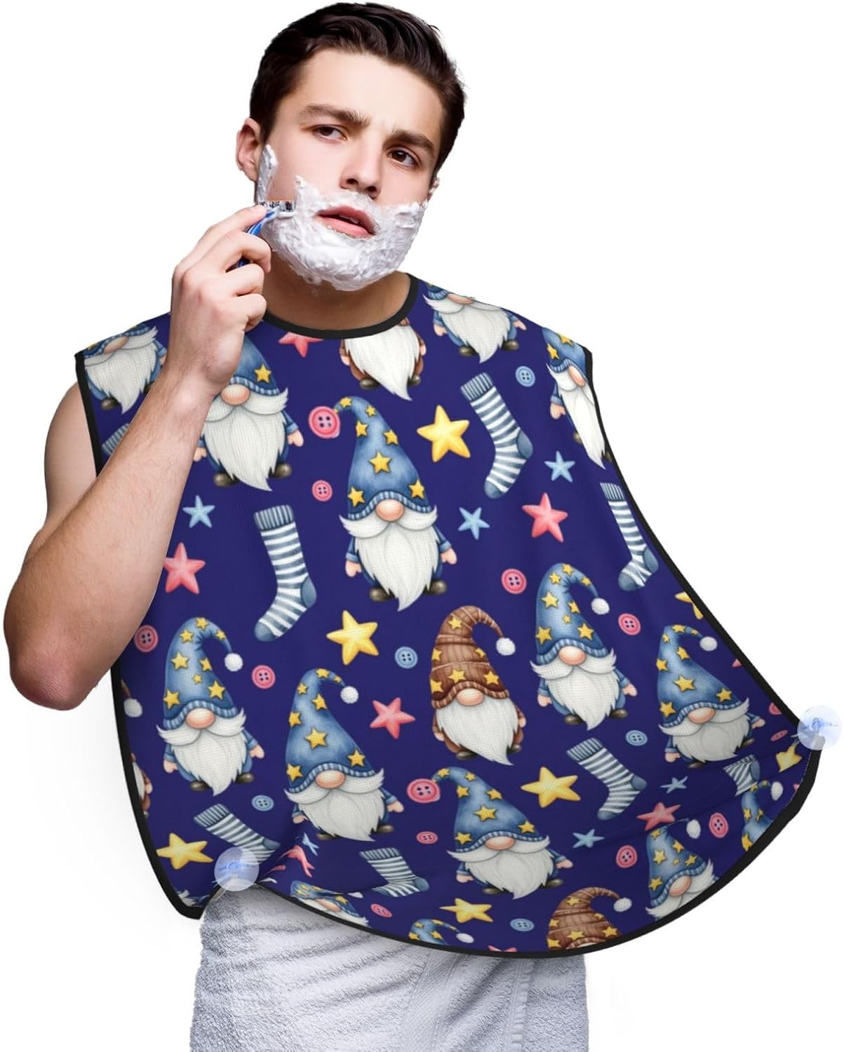 Strong Suction Cup Beard Grooming Bib, Non-Stick Hair Catcher, Waterproof, for Shaving, Watercolor Cute Gnomes Dark Blue