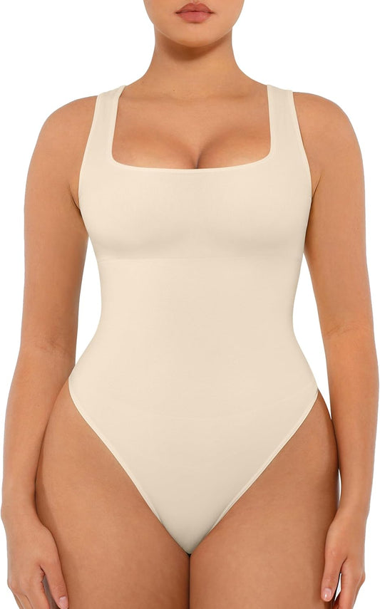 FeelinGirl Bodysuits for Women Seamless Square Neck Tummy Control Compression Thong Shapewear Bodysuit Tank Tops Bodysuit