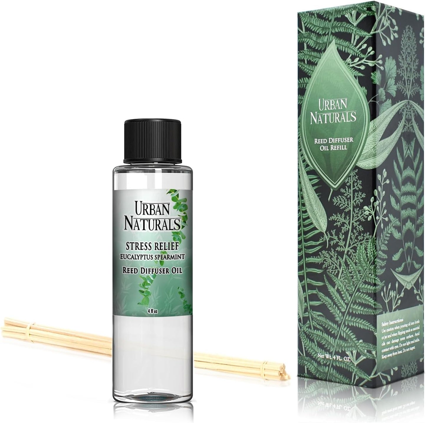 Urban Naturals Stress Relief Eucalyptus Spearmint Reed Diffuser Oil Refill | Fill Your own DIY Diffuser Bottle! Includes Replacement Reed Sticks