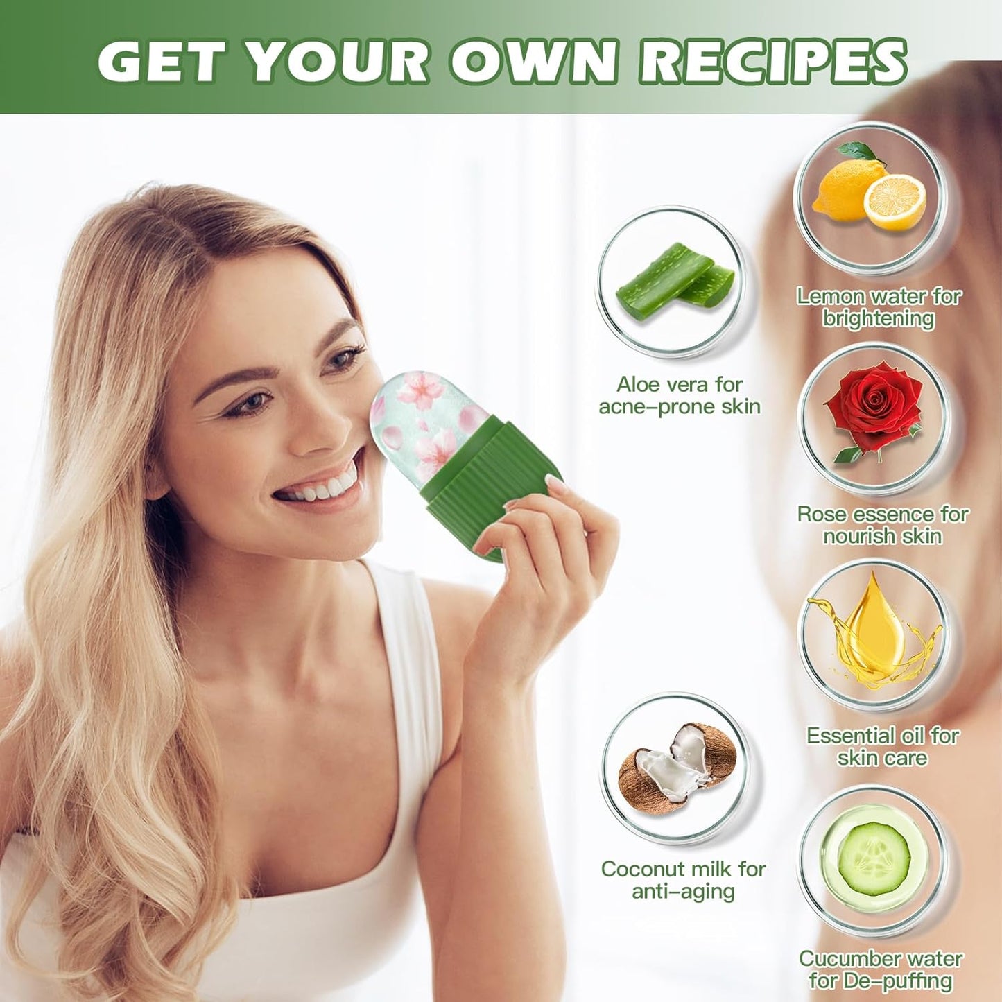 Ice Roller for Face and Eye, Facial Beauty Roller Skin Care Tools, Ice Facial Cube, Gua Sha Massage, Silicone Ice Mold for Face Beauty (Green)