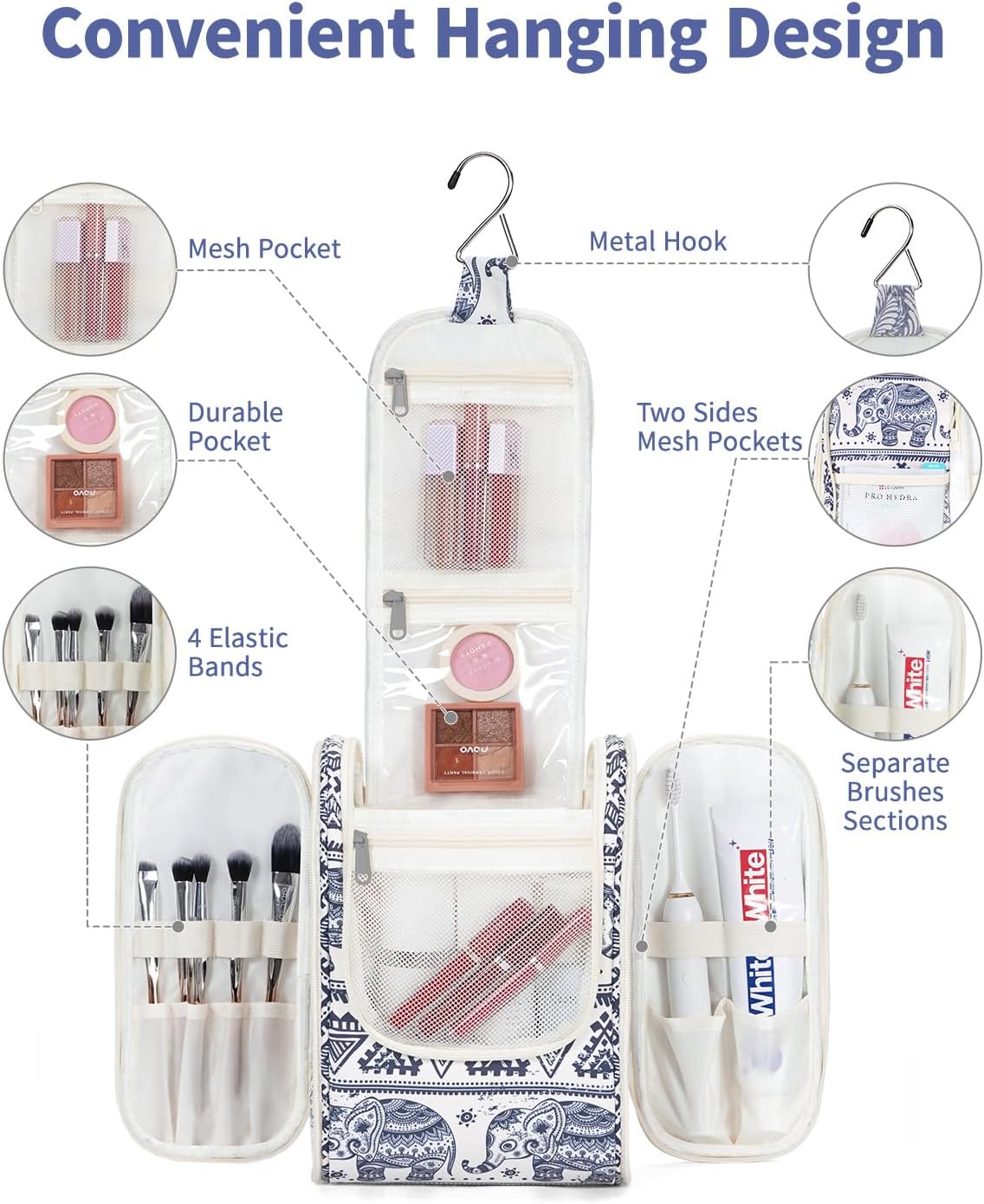 Narwey Small Hanging Toiletry Bag Women Travel Makeup Bag Organizer Toiletries Bag for Travel Size Essentials Accessories Cosmetics (Medium, Elephant)