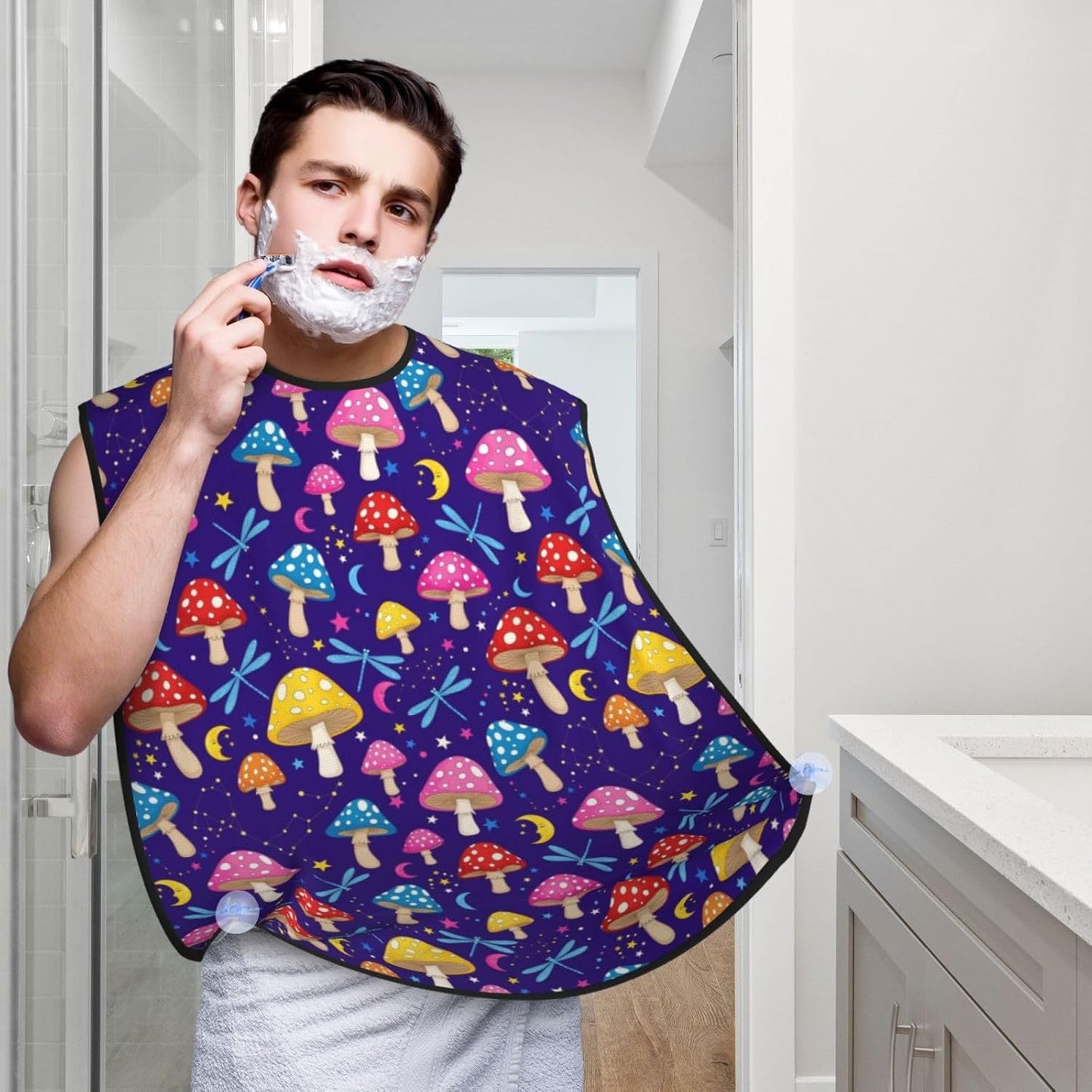 Adjustable Non-Stick Beard Apron, Hair Catcher Cape for Shaving Grooming, Waterproof with Suction Cups Men, Vintage Trippy Moon Star Mushroom Retro Shave Bib