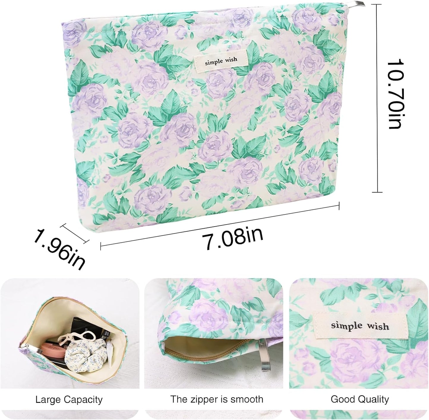 Wudygirl Makeup Bag Floral Cosmetic Bag Toiletry Bag for Women Large Capacity Makeup Pouch Canvas Pencil Pouch Cute Make up Organizer with Zipper (Light Purple Rose)