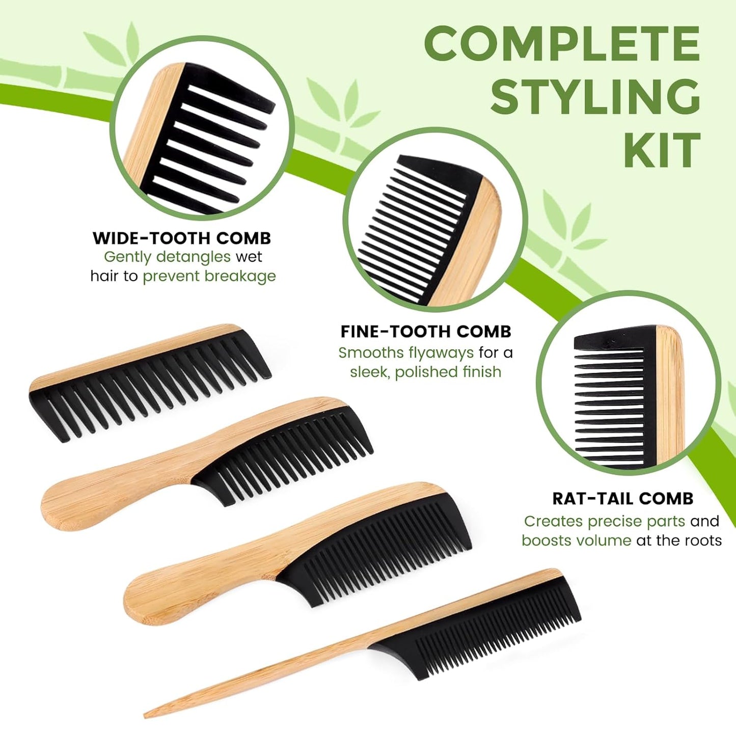 4 Pcs Natural Handmade Bamboo Hair Combs Set - Wide Tooth, Fine Tooth & Rat Tail Wooden Combs for Women Men, Anti-Static for All Hairstyles & Beard