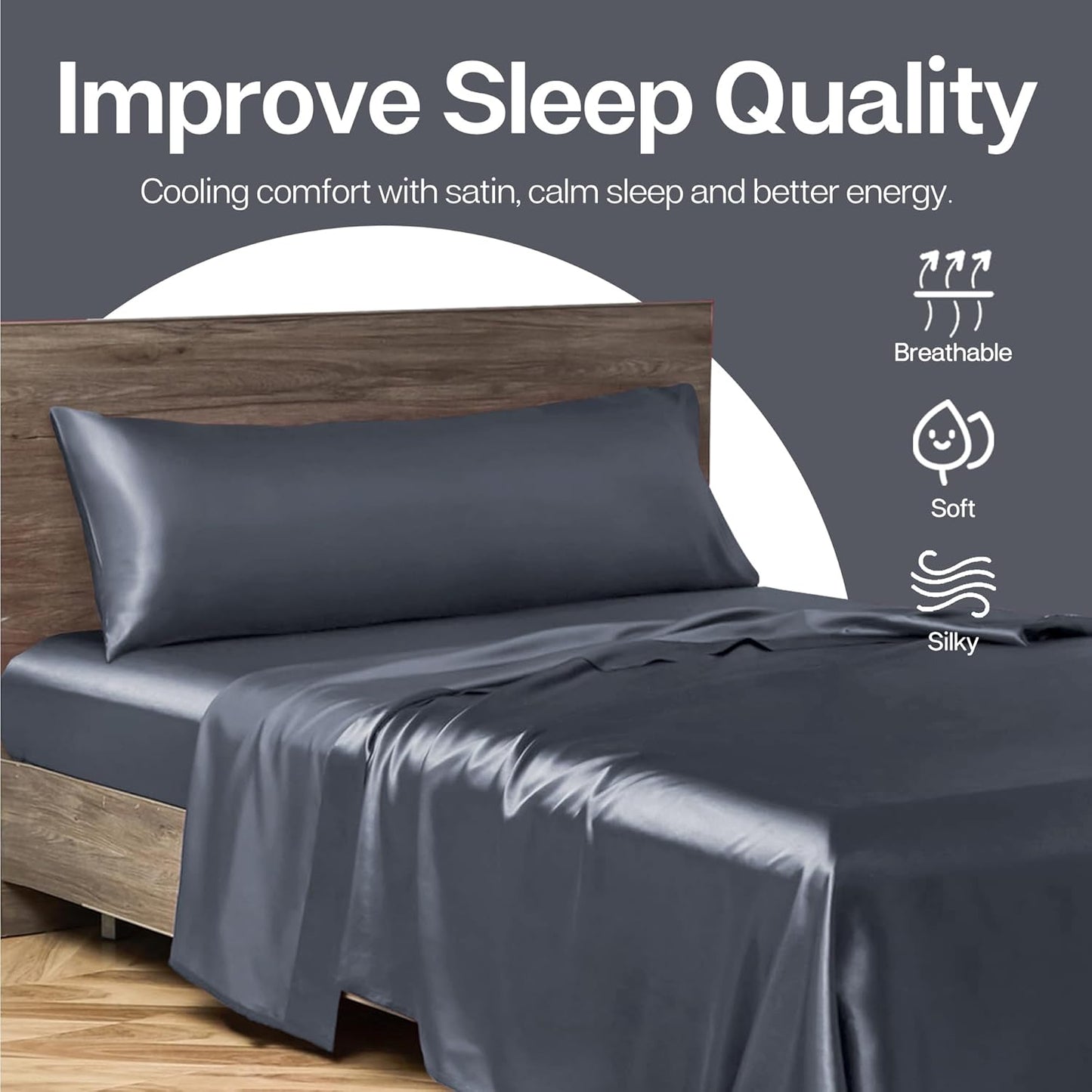 MR&HM Satin Body Pillow Cover, Soft and Breathable Body Pillow Case with Envelope Closure, Cooling and Silky Long Pillowcase for Hair and Skin,Grey (20x54, Space Grey)