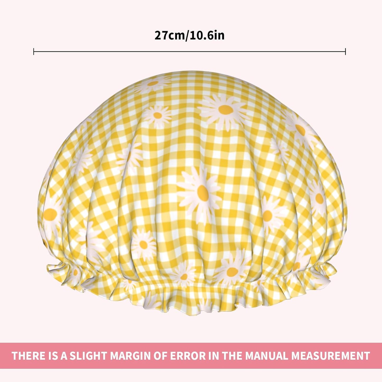 Daisy Shower Caps Yellow Checkered Dual-Layer Waterproof Bath Hat Flower Reusable Hair Caps Elastic Hair Hat for Shower Cooking Clean Makeup Travel