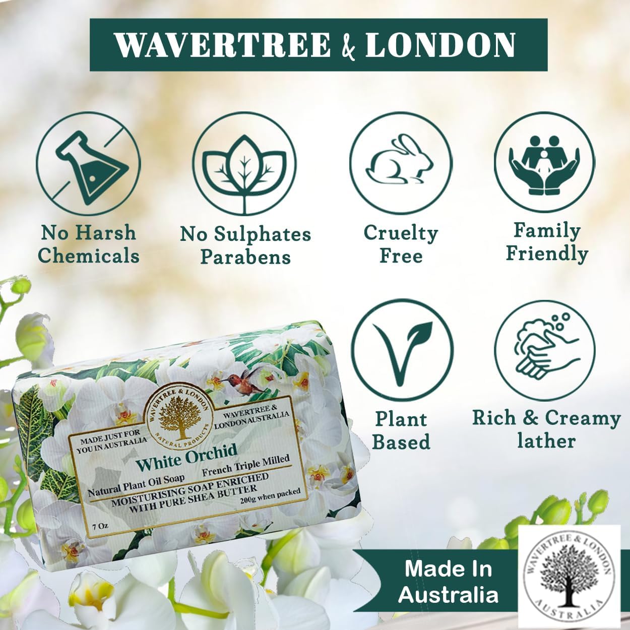 Wavertree & London White Orchid Scented Natural Soap Bar, 7oz Moisturizing French Triple Milled Soap Bar for Women & Men