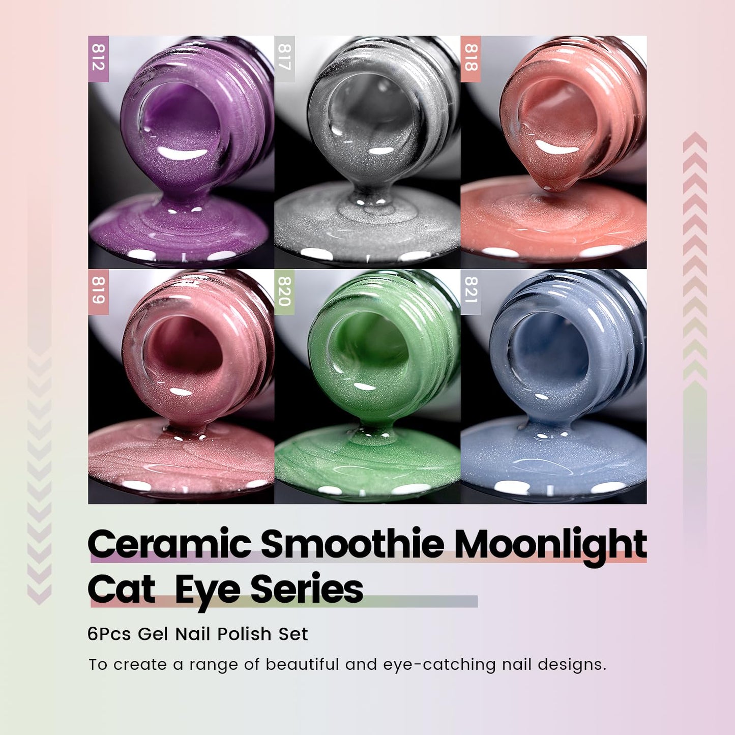 RARJSM Moonlight Cat Eye Gel Nail Polish Set 6 Pcs Smoothie Ceramic Glitter Shimmer Grape Purple Silver White Blue Green Pink Velvet Mirror Cateye Gel Polish with Magnetic Stick UV LED Curing Require