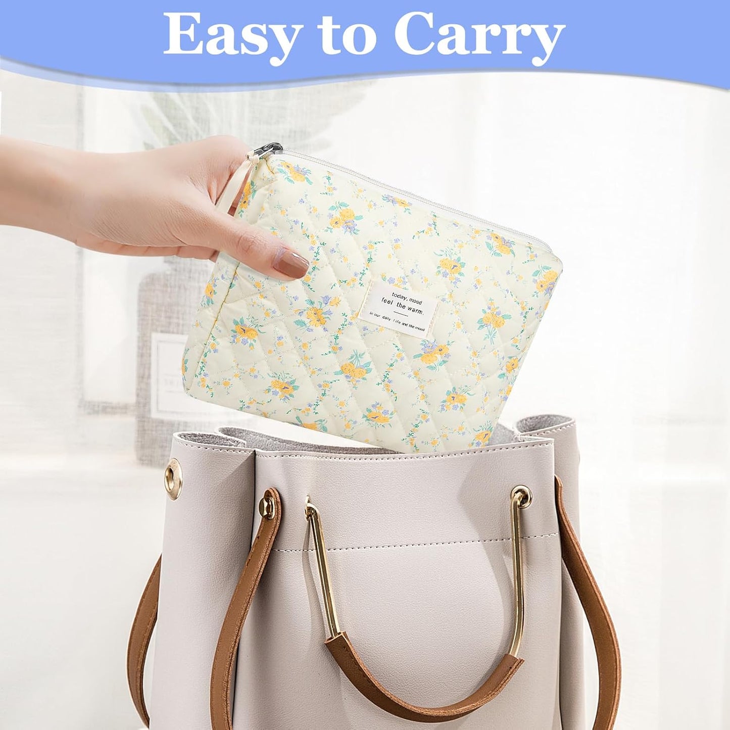 Floral Makeup Bag, Small Cosmetic Bag for Women Girls, Cute Cotton Makeup Bag, Quilted Makeup Bags, Flower Travel Toiletry Organizer Bag(Yellow Flowers)