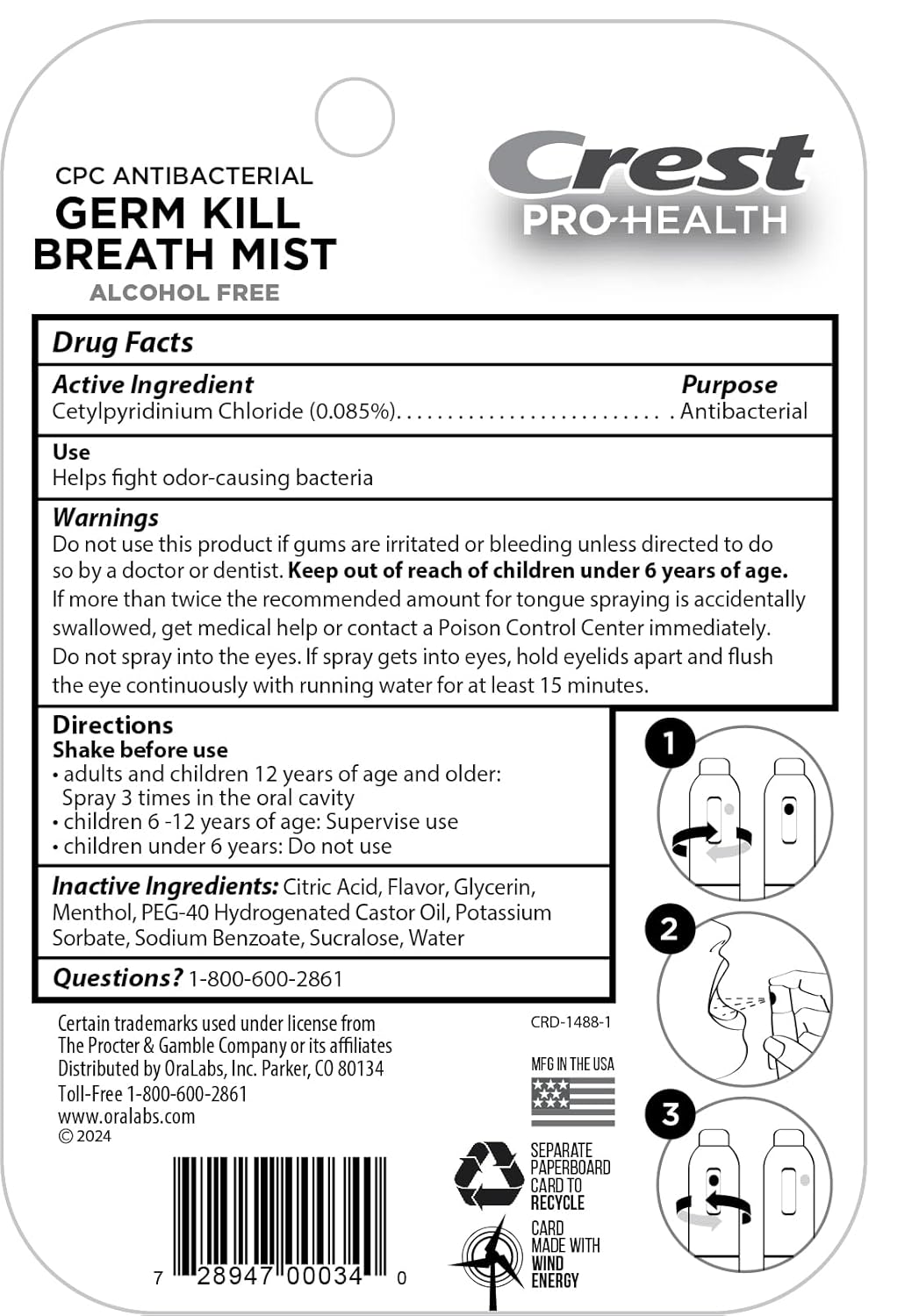 Crest Pro-Health | Portable Alcohol-Free CPC Mist with Clean Mint Flavor | Instant Fresh Breath - 3 Count (0.24oz/7ml) Breath Spray