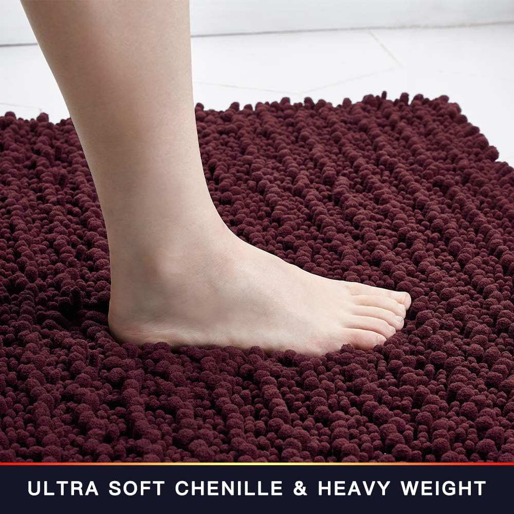 Walensee Large Bathroom Rug Non Slip Bath Mat (24x60 Inch Burgundy) Water Absorbent Super Soft Shaggy Chenille Machine Washable Dry Extra Thick Perfect Absorbant Best Plush Carpet for Shower Floor