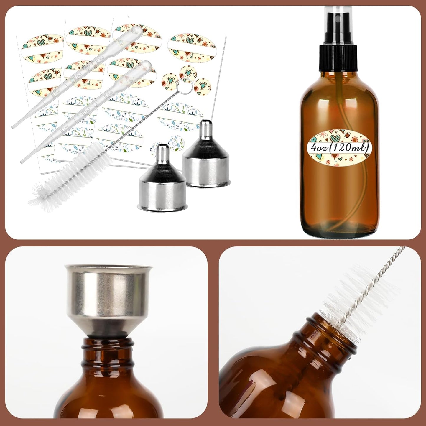 CycleMore 25 Pack 4oz Amber Glass Spray Bottles with Fine Mist Sprayers, Glass Travel Bottles for Cosmetic Essential Oils Cleaning Solutions Perfumes & More Liquids Ideal GIft