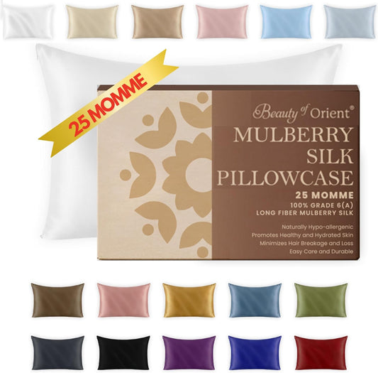 25 Momme Premium Mulberry Silk Pillowcase for Hair and Skin | Handcrafted Hypoallergenic & Anti-Acne White Silk Pillow Cases with Zipper | Standard - 20" x 26", Natural Undyed White