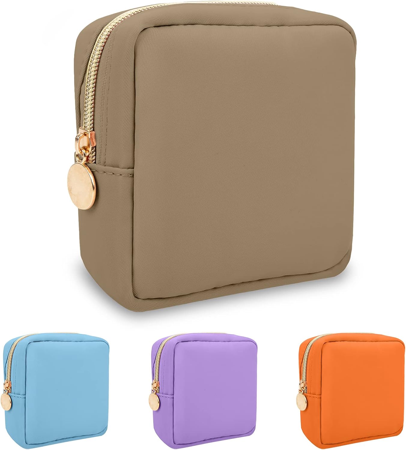 Nylon Mini Makeup Bag for Purse, Preppy Small Cute Makeup Bag Cosmetic Zipper Pouch Purse, Waterproof Travel Coin Pouch Sanitary Napkin Storage Bag Clutch Makeup Organizer Pouch for Women Girls(Khaki)