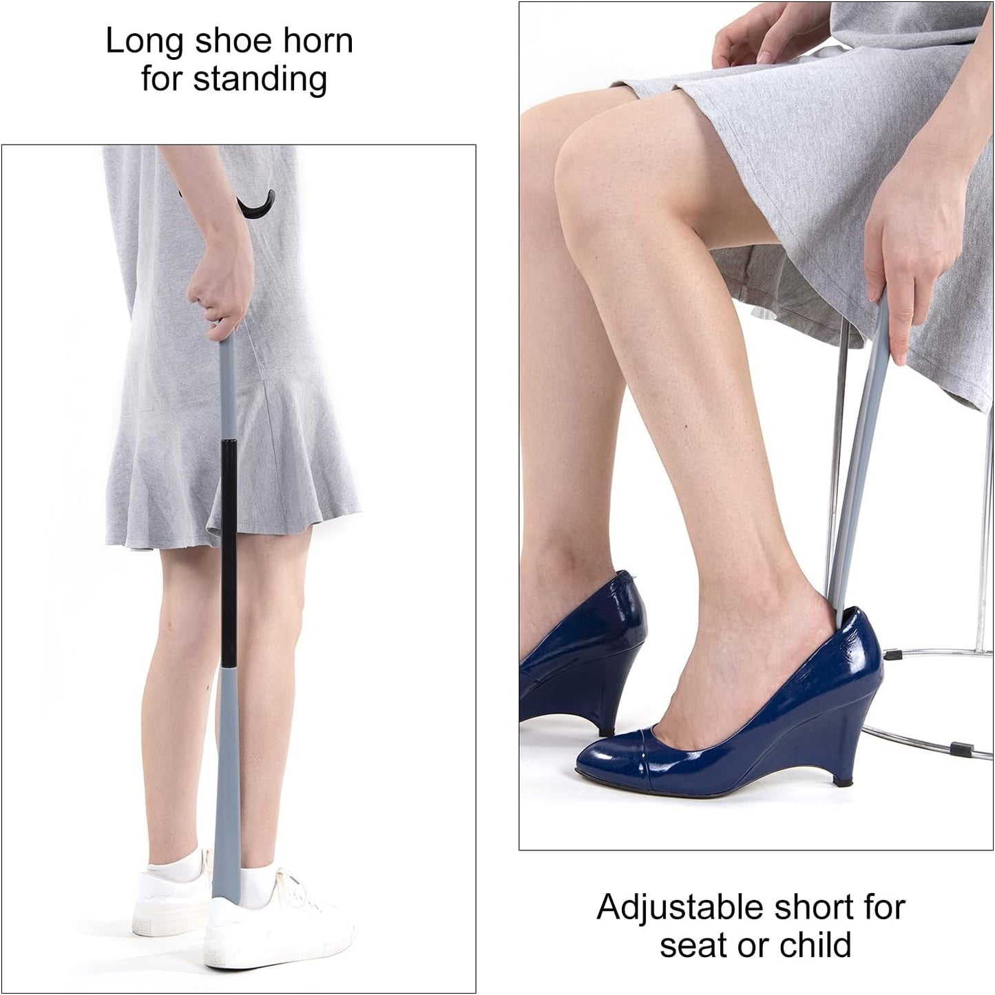 35" Long Dressing Stick with Shoe Horn with Sock Removal Tool, Adjustable Extended Dressing Aids for Shoes, Socks, Shirts and Pants Grey and Black