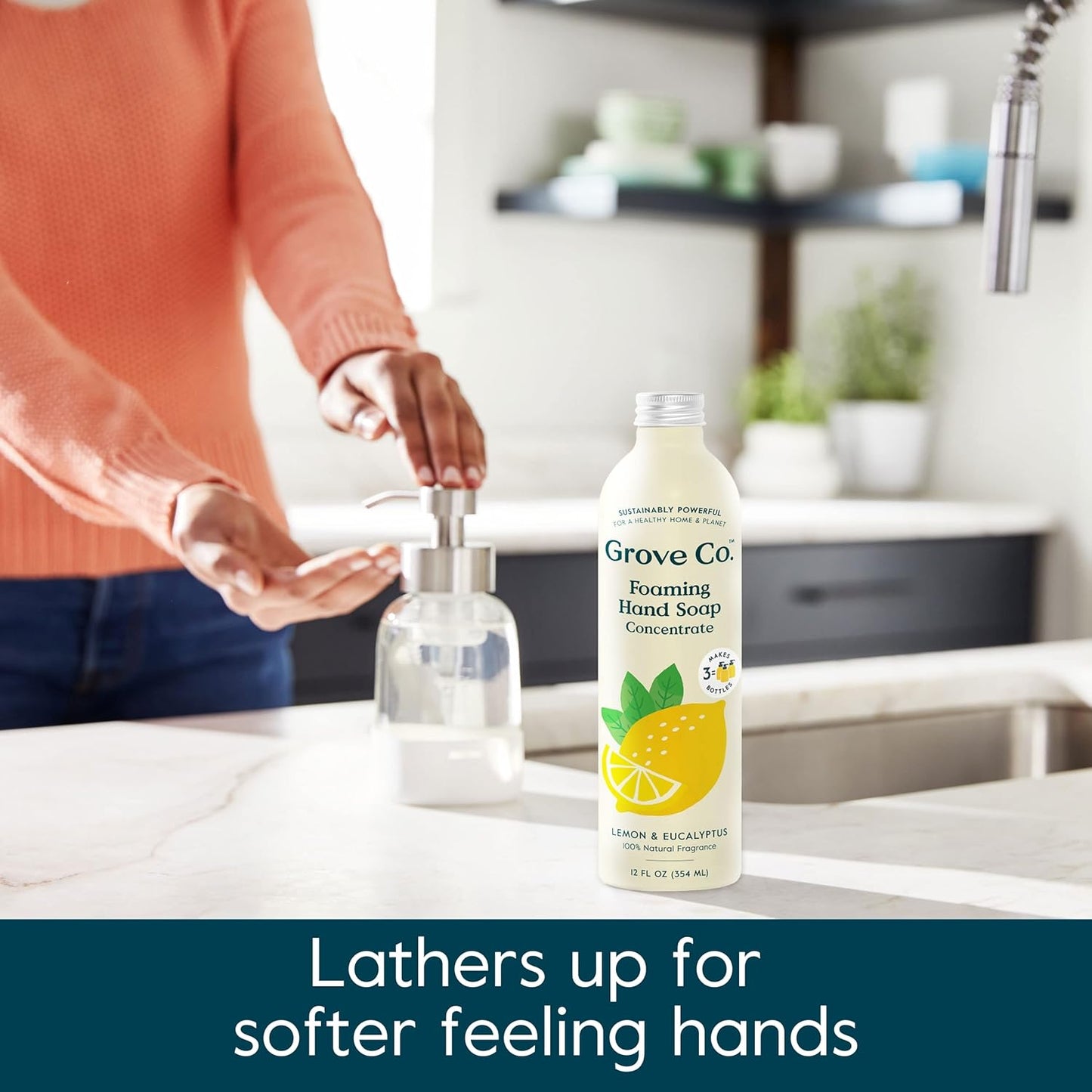 Grove Co. Hydrating Foaming Hand Soap Refills (2 x 12 Oz) Moisturizing Hand Wash, No Plastic or Parabens, Cruelty Free, 100% Natural Lemon & Eucalyptus Fragrance (Pack of 2)