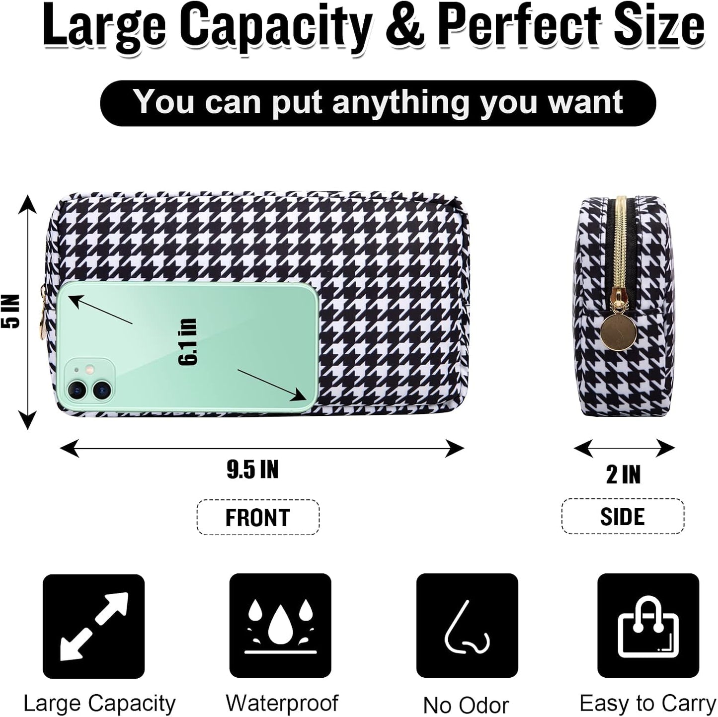 Nylon Small Makeup Bag for Purse, Cute Makeup Pouch Bag Preppy Cosmetic Zipper Pouch Purse, Portable Travel Toiletry Bag Clutch Makeup Brush Bag Organizer Storage for Ladies Girls(Black Houndstooth)