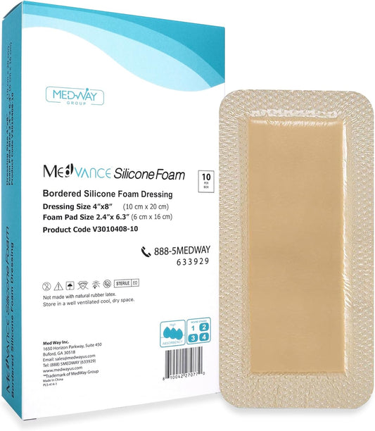 MedVanceTM Silicone - Bordered Silicone Adhesive Foam Dressing Size 4”X8” (2.4"x 6.4" Pad) 10 Pack
