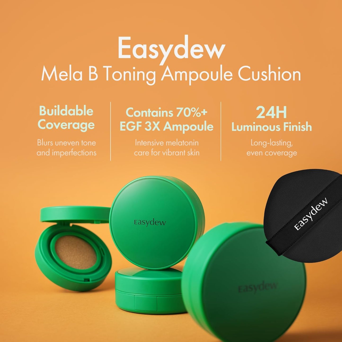 Easydew Mela B Toning Ampoule Cushion Refill - 3-in-1 Age-Defying Sun Shield Full Coverage Cushion Foundation with Niacinamide & Hyaluron-Vital C - Face Makeup Korean Skin Care 0.45 oz (#25 Honey)