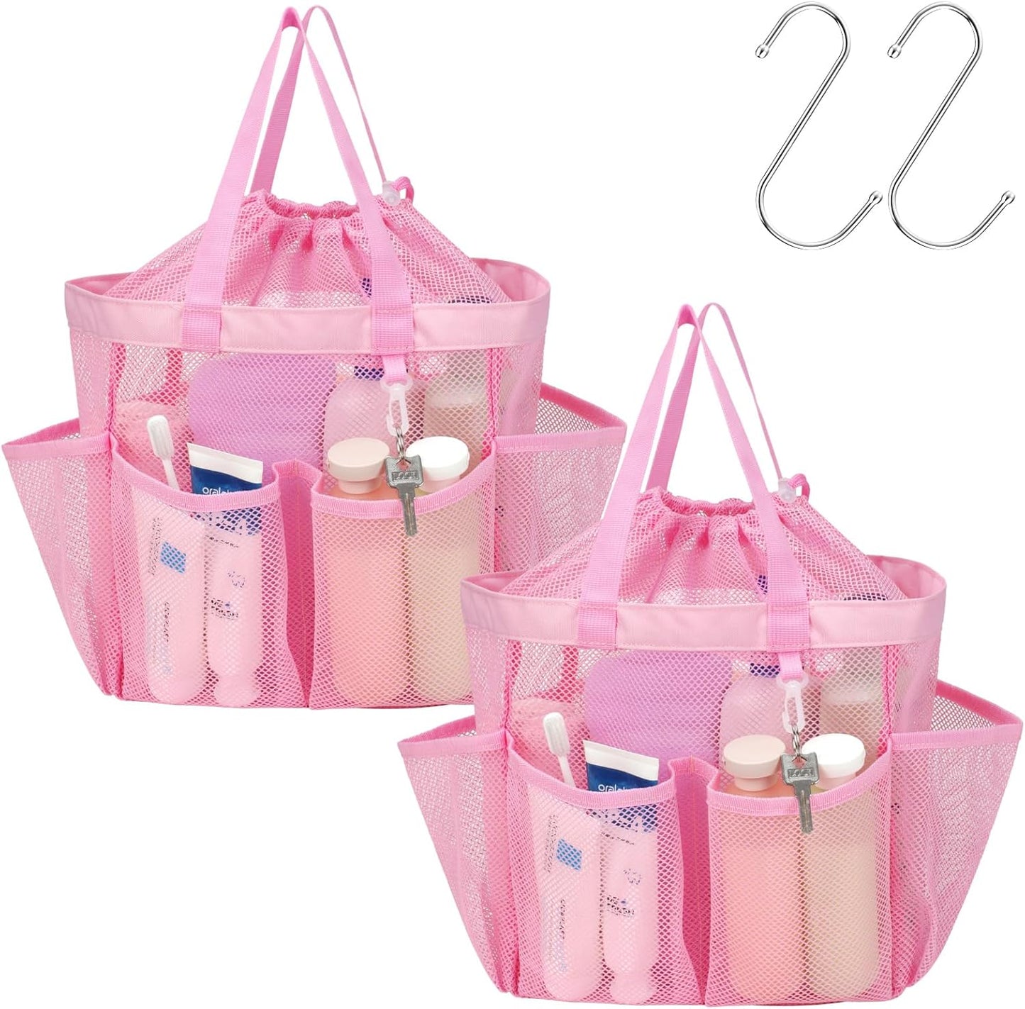 F-color Mesh Shower Caddy Portable with Drawstring - Upgrade Deeper 7 Pockets Dorm Room Essentials for Guys Girls with S Hook, Shower Bag Basket Tote for College Camping Bathroom, 2 Pack Pink