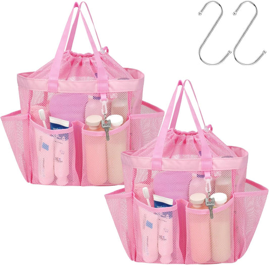 F-color Mesh Shower Caddy Portable with Drawstring - Upgrade Deeper 7 Pockets Dorm Room Essentials for Guys Girls with S Hook, Shower Bag Basket Tote for College Camping Bathroom, 2 Pack Pink