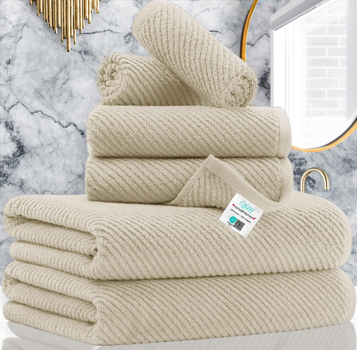 VOOVA & MOVAS Bath Towel Sets - 100% Cotton | Quick Dry | Light Weight | Thick | Soft, Beige Towels Set of 6, 2 Large Bath 30" x 56", 2 Hand 18" x 28", 2 Washcloths 13" x 13", Tan Towel Gift Set