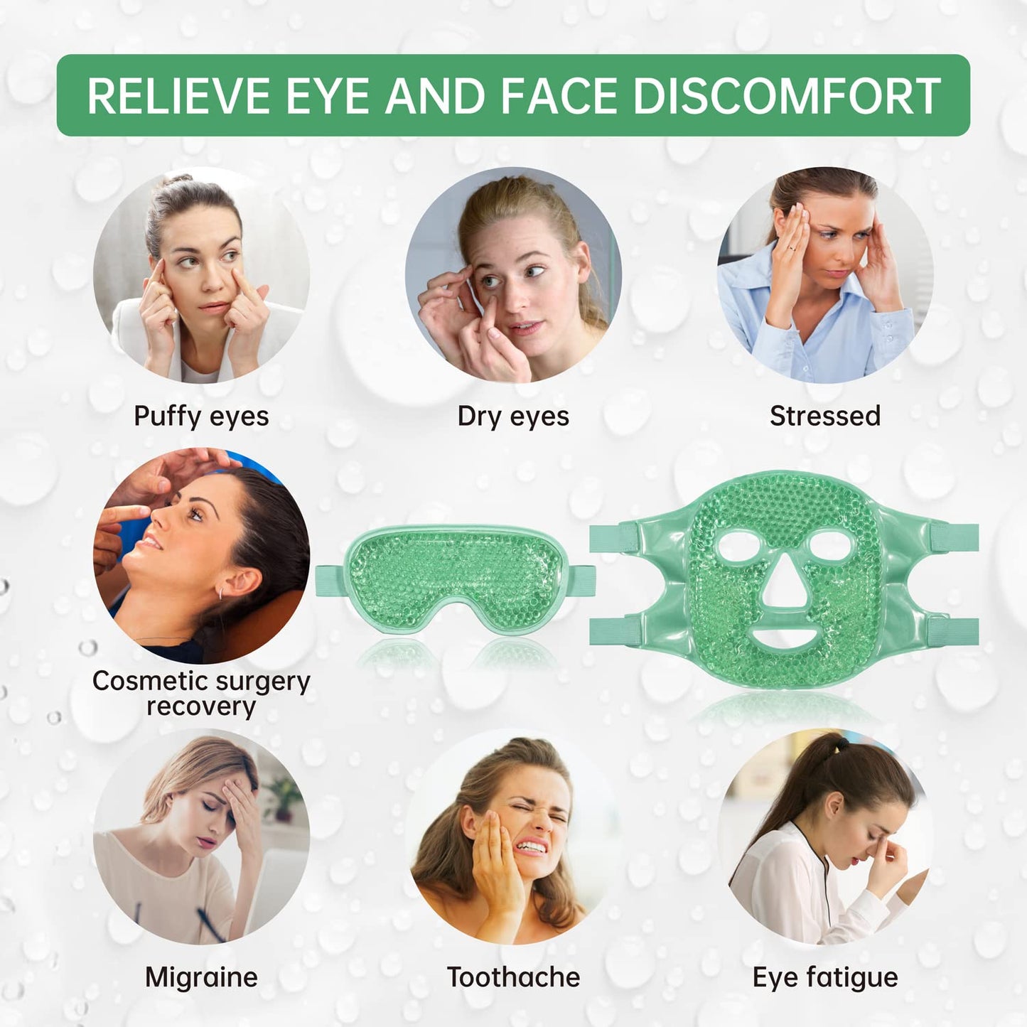 ZNÖCUETÖD Cooling Ice Face Eye Mask for Reducing Puffiness, Bags Under Eyes,Sinus,Redness,Pain Relief,Dark Circles, Migraine,Hot/Cold Pack with Soft Plush Backing(Green(1* Eye Mask+1*Face Mask))