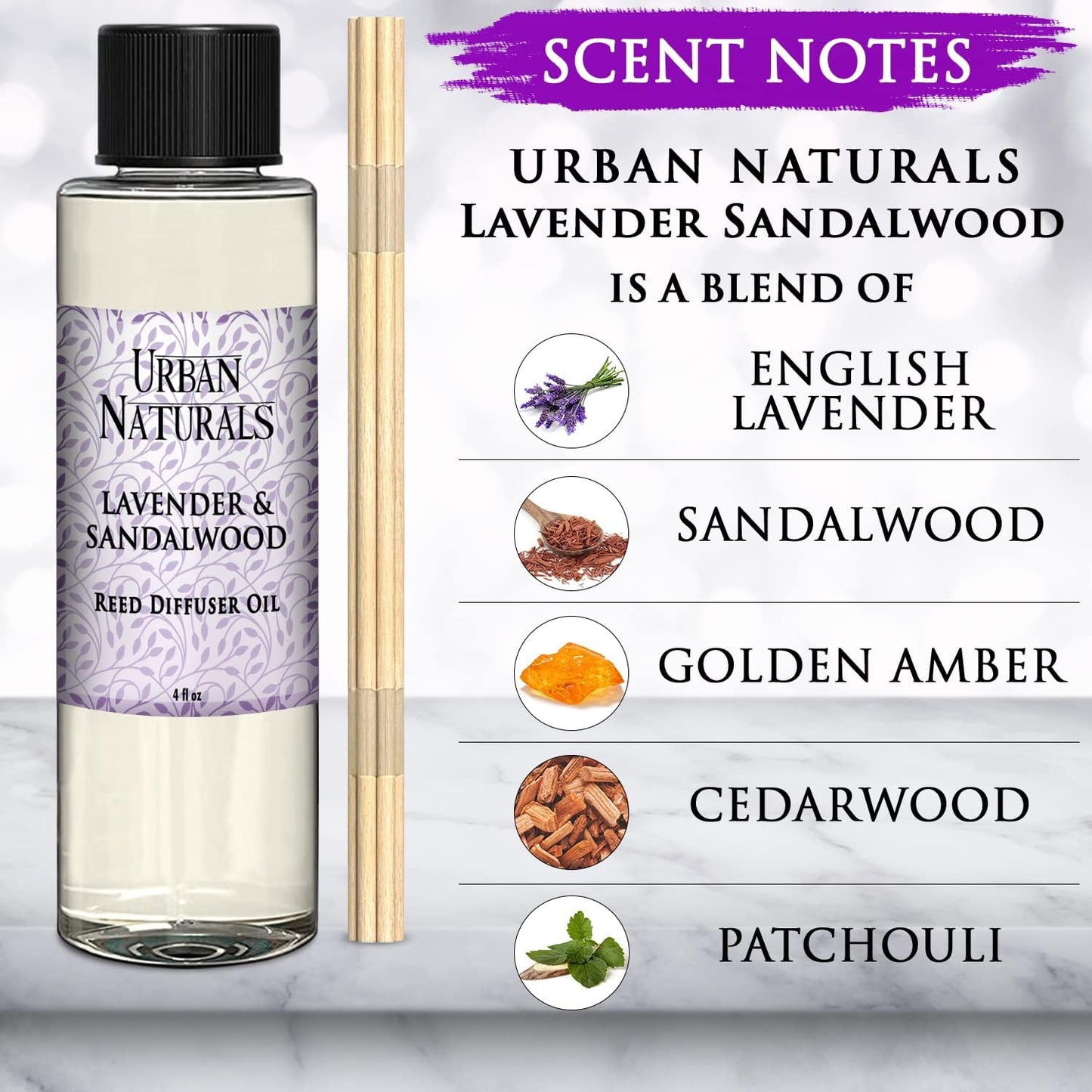 Urban Naturals Lavender & Sandalwood Scented Oil Reed Diffuser Refill | Includes a Free Set of Reed Sticks! 4 oz.