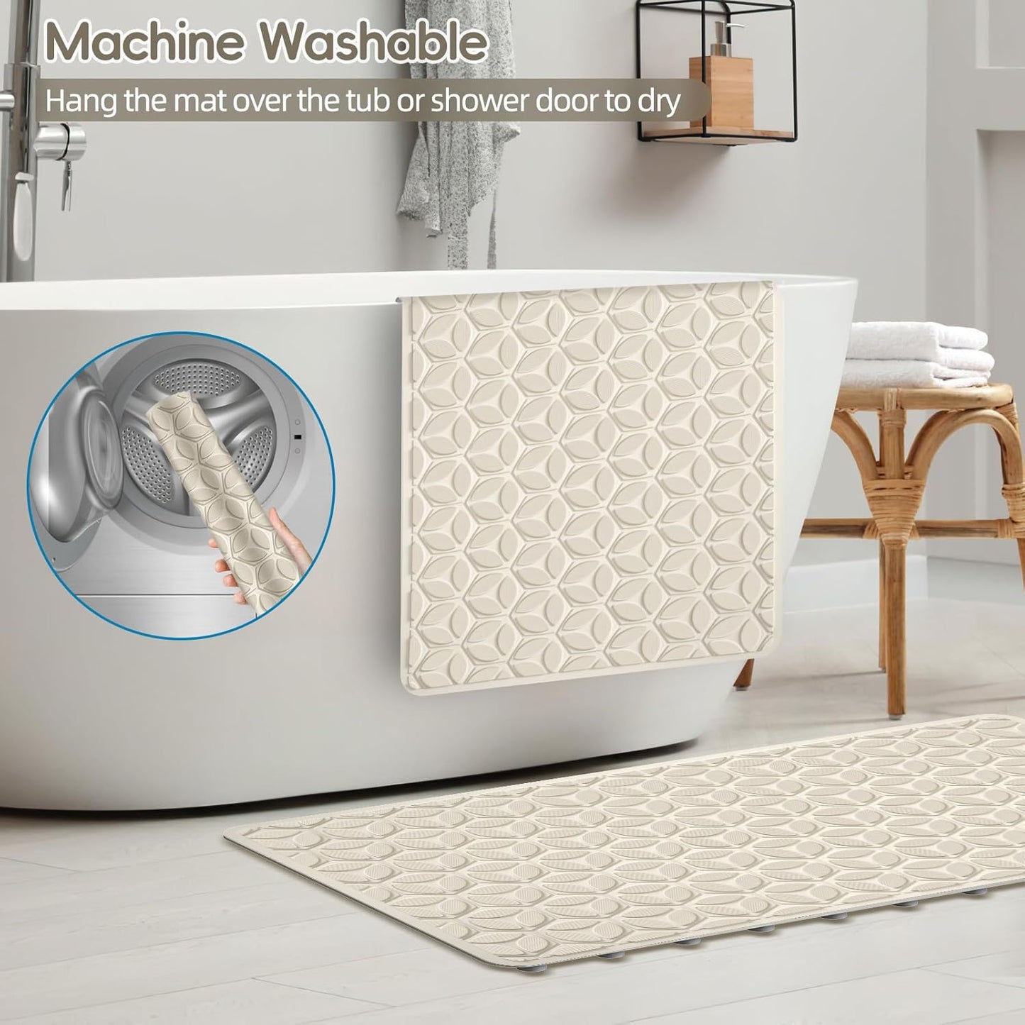 WRISIN Bathtub Mat Non Slip with Suction Cups - 100% Rubber Bathroom Mat Textured for Bath Tub Shower Safety - Soft on Touch - BPA/PVC Free - Pet Dog Bath Mat - Machine Washable - 16 × 28 Inch（Beige）