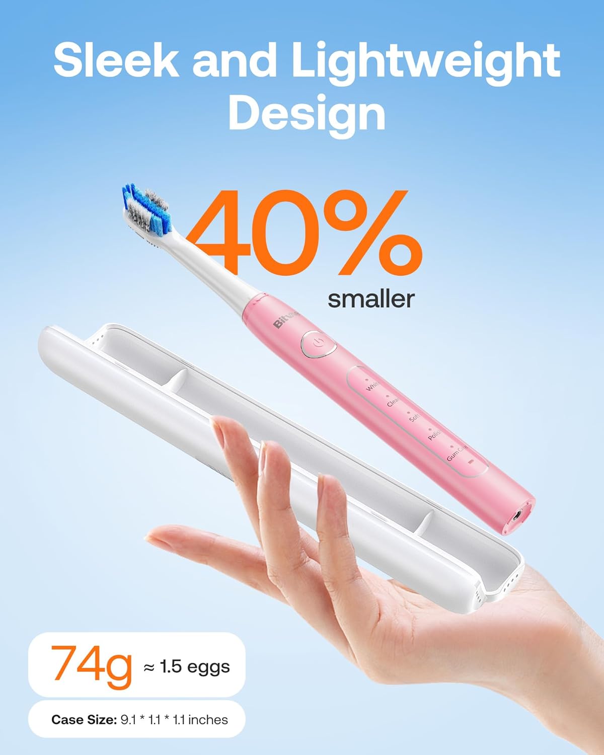 Bitvae Ultrasonic Electric Toothbrush for Adults and Kids, ADA Accepted Travel Electric Toothbrush with Rechargeable 60-Day Battery Life, 8 Heads, 5 Modes, Case/Holder, Quartz Pink