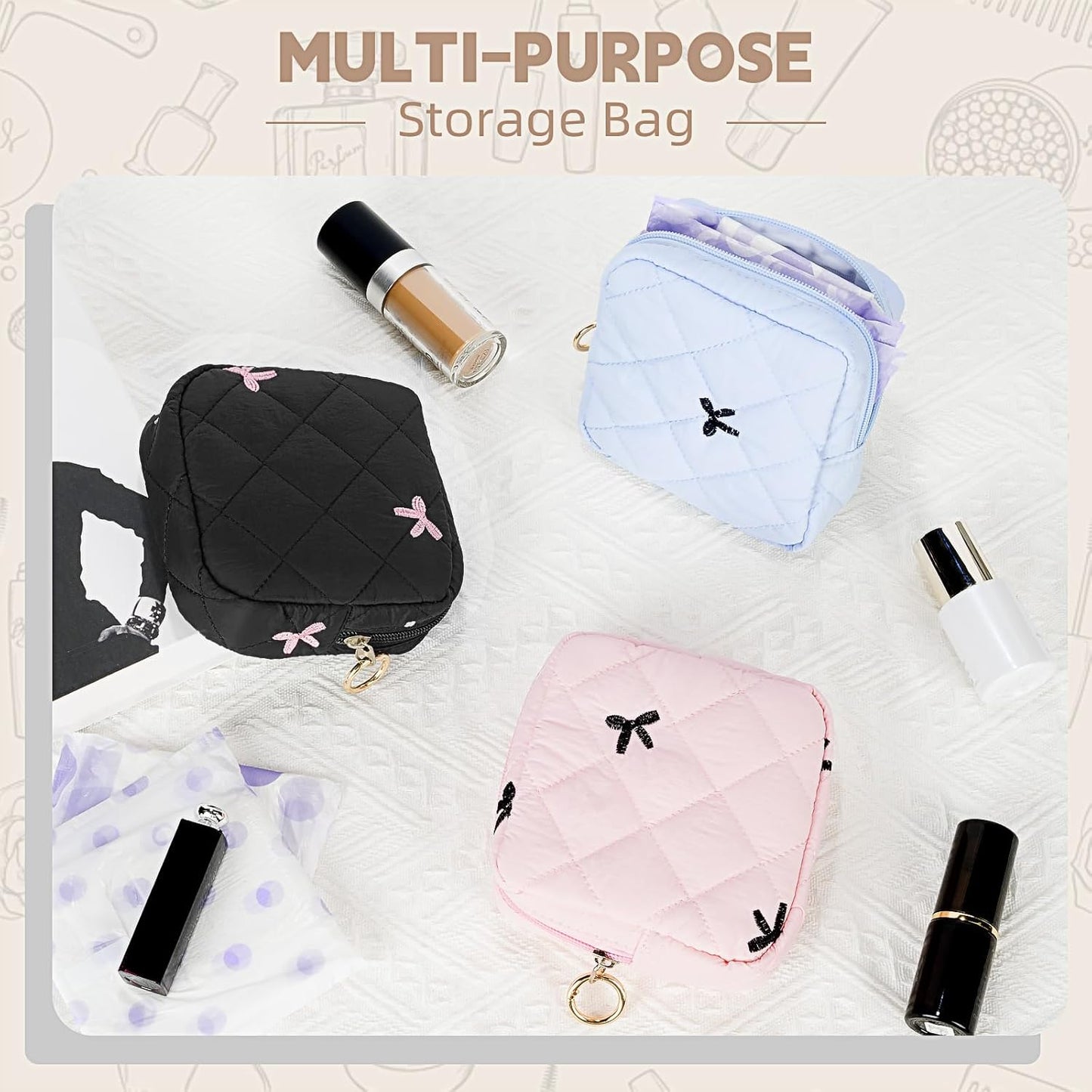 Period Bag for Teen Girls, Quilted Sanitary Napkin Storage Bag, Cute Bow Tie Menstrual Pad Pouch Tampon Holder (Pink)