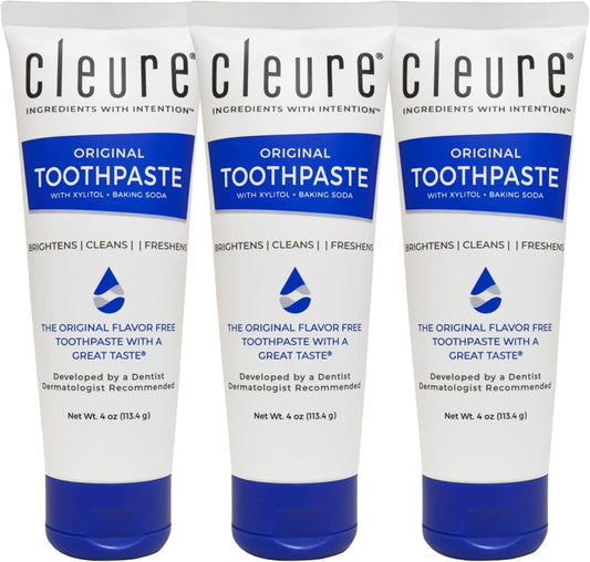 Cleure Original No Fluoride Toothpaste - SLS Free, Mint Free - with Xylitol for Fresh Breath & Helps Whiten - for Kids & Adults - Flavor Free (4oz Tube, Pack of 3)