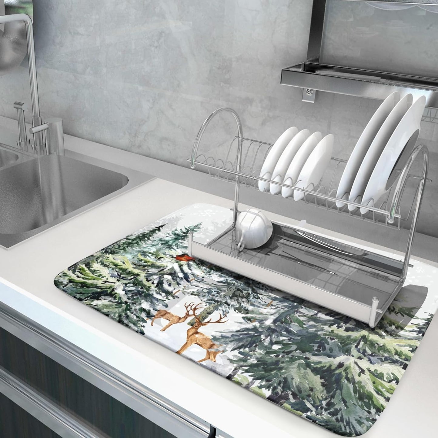 Pine Tree Dish Drying Mat for Kitchen Counter 18x24 Inch Forest Deer Absorbent Dishes Drainer Mats Reversible Microfiber Quick Dry Rack Pad