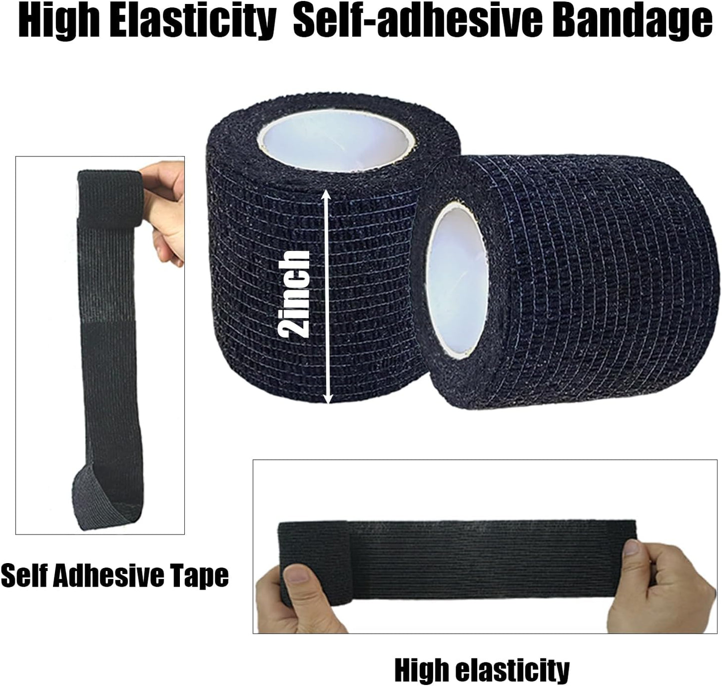Hysiwen 6 Pack 2" x 5 Yards Self Adhesive Bandage Breathable Cohesive Wrap Self Adherent Vet Tape Self Stick Bandage Wrap for Sports, Athletic, Wrist, Ankle(Black)