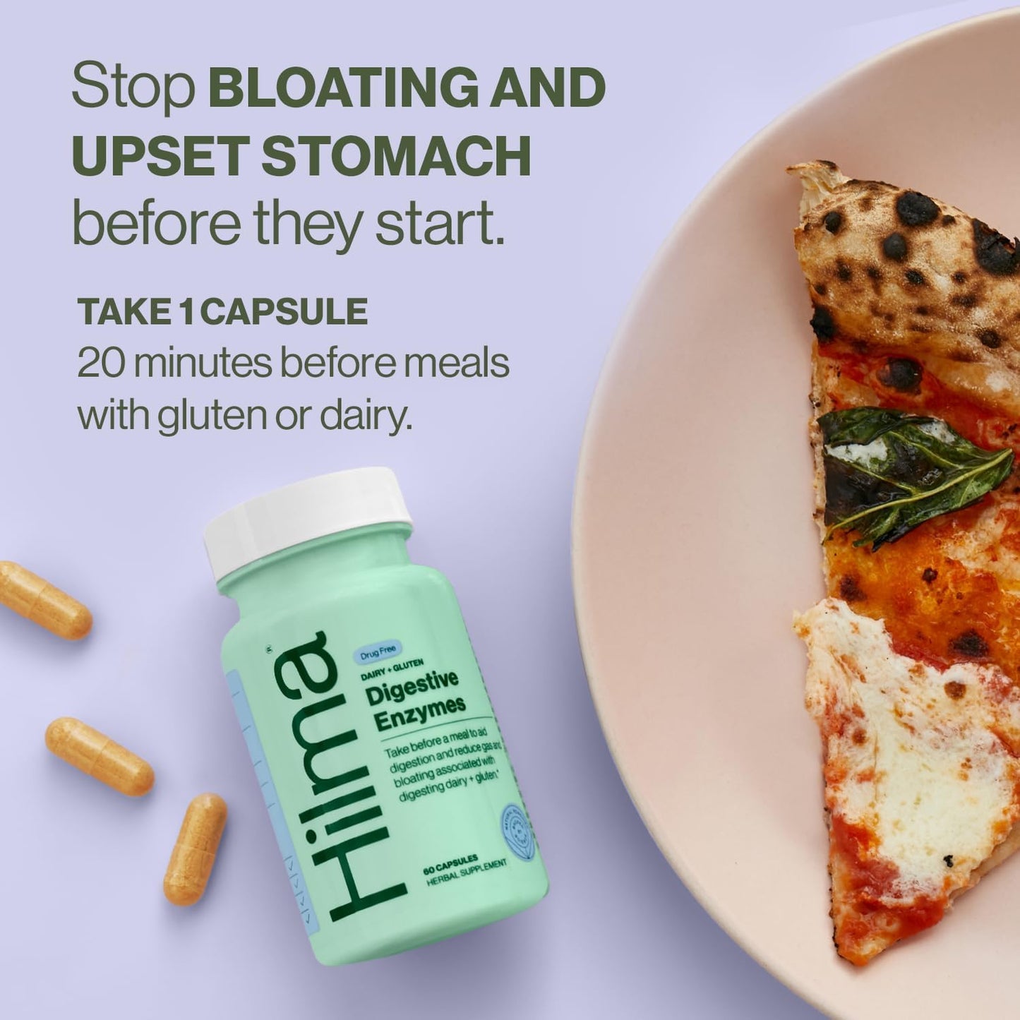 Hilma Digestive Enzymes for Women, Bloating Relief with Turmeric, Dandelion Root and Gluten Digestive Enzymes, Natural Gluten and Dairy Relief Pills, 60 Vegan Capsules