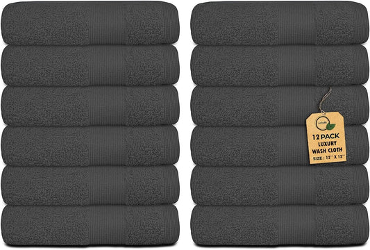 Premium Wash Cloths Pack of 12 (13" x 13") 100% Ring Spun Cotton | Luxury Washcloths | Ultra Soft Face Towels | Highly Absorbent Wash Cloths for face (Grey)