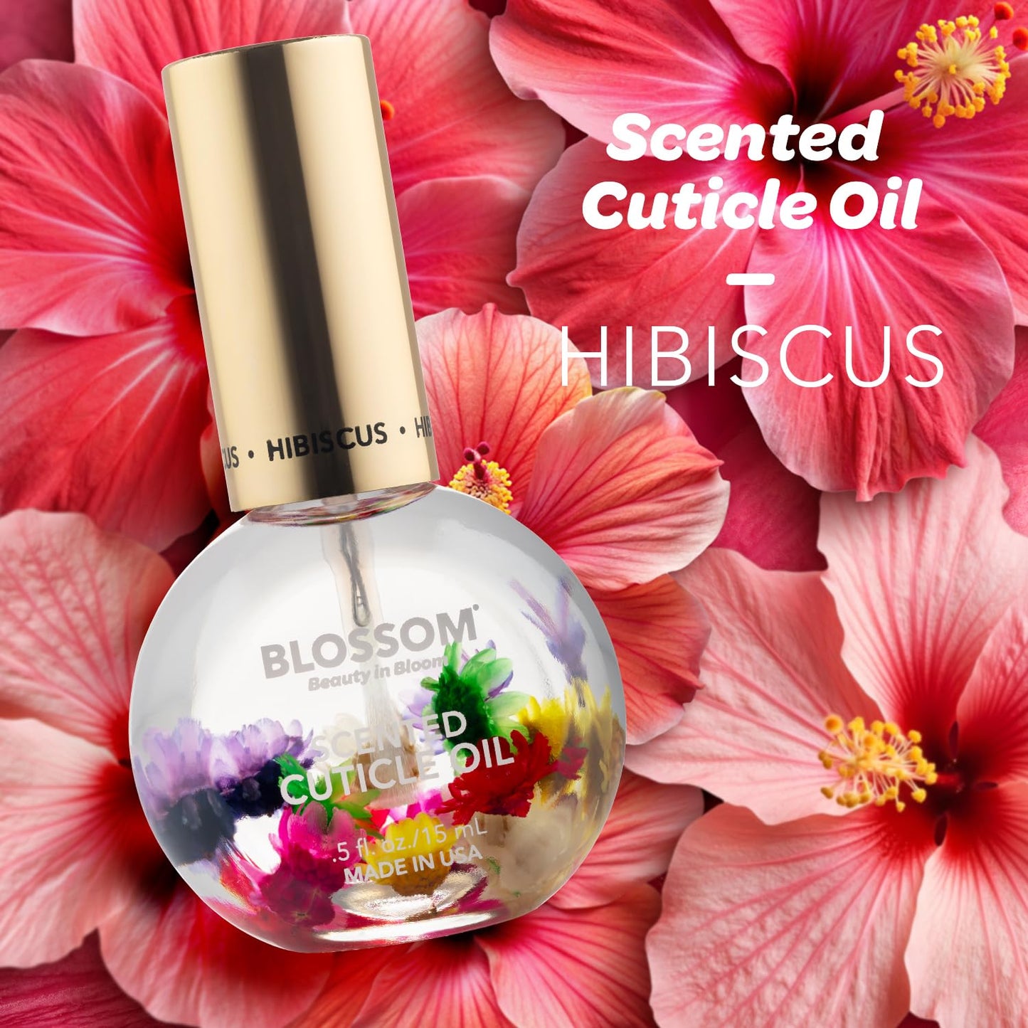 Blossom Cuticle Oil for Nails, Hydrating, Moisturizing, Scented Nail Oil Cuticle Care, Infused with Real Flowers, Made in USA, 0.5 fl. oz, Hibiscus
