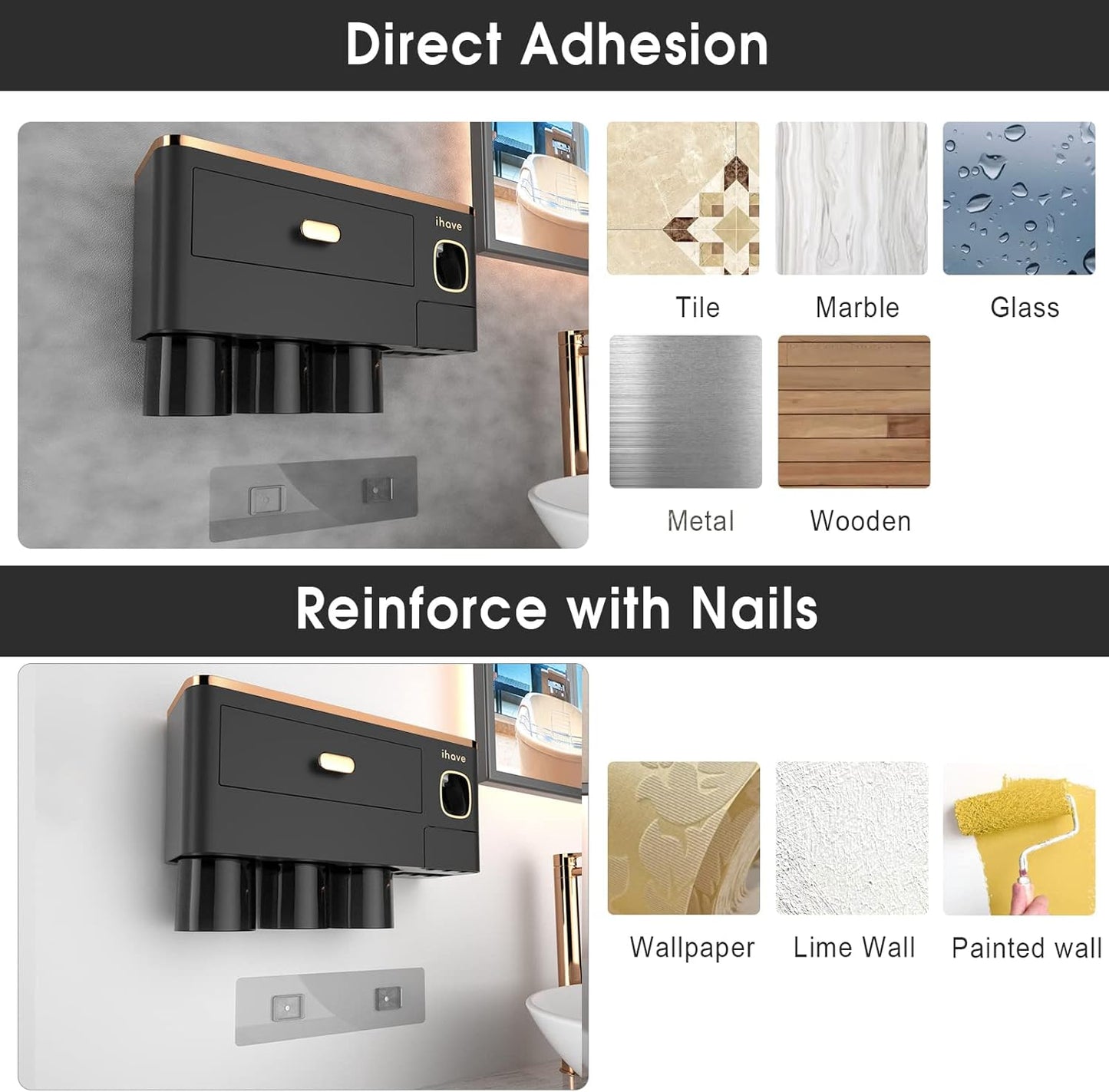 iHave Toothbrush Holders for Bathrooms - Upgrade Wall Mounted Toothbrush Holder with Toothpaste Dispenser - 3 Cups, Large Capacity Tray - Bathroom Accessories & Bathroom Storage