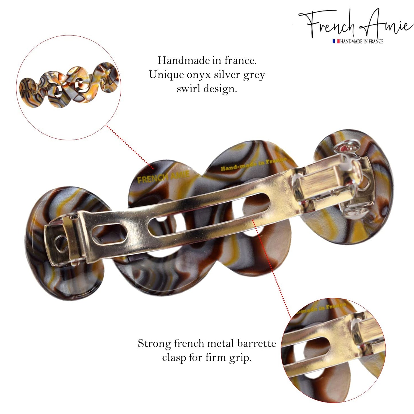 French Amie Swirls Onyx Silver Grey 3” Celluloid Handmade Hair Clip Barrette with Silver Clasp for Women and Girls, Made in France