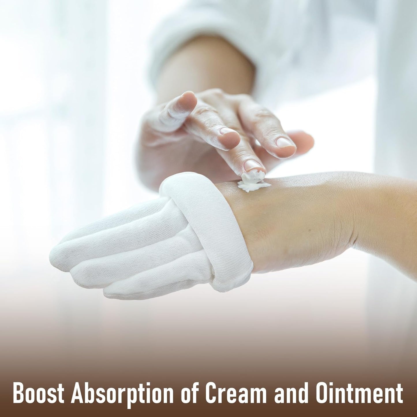 COOLJOB 4 Pairs Soft Moisturizing Cotton Gloves Set with Stretch Elastic Cuff, Overnight Lotion Sleeping Gloves for Dry Hands, Eczema Skin, Beauty Women SPA Essentials, Medium, White